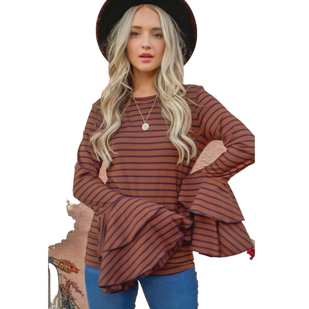 And The Why Top Womens L Blouse Brown Blue Stripes‎ Ruffle Bell Sleeves Boho